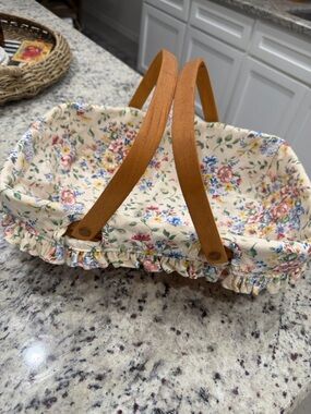 Longaberger Floral Ruffled Fabric Vintage Basket with Wooden Handles